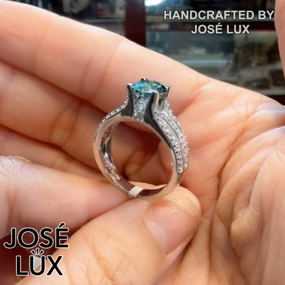Handmade Bypass Split Shank Moissanite Ring — Green Moissanite, 925 Sterling Silver, Rhodium Plated White Gold Finish, GRA Moissanite