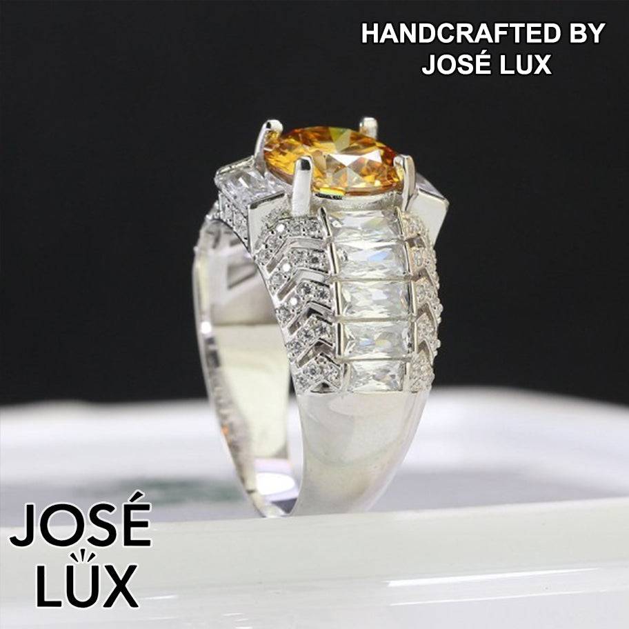 Handmade Men's Round Center Ring with Baguette Side Stones and Chevron Pavé — 925 Sterling Silver, Rhodium Plated White Gold Finish, Moissanite & CZ