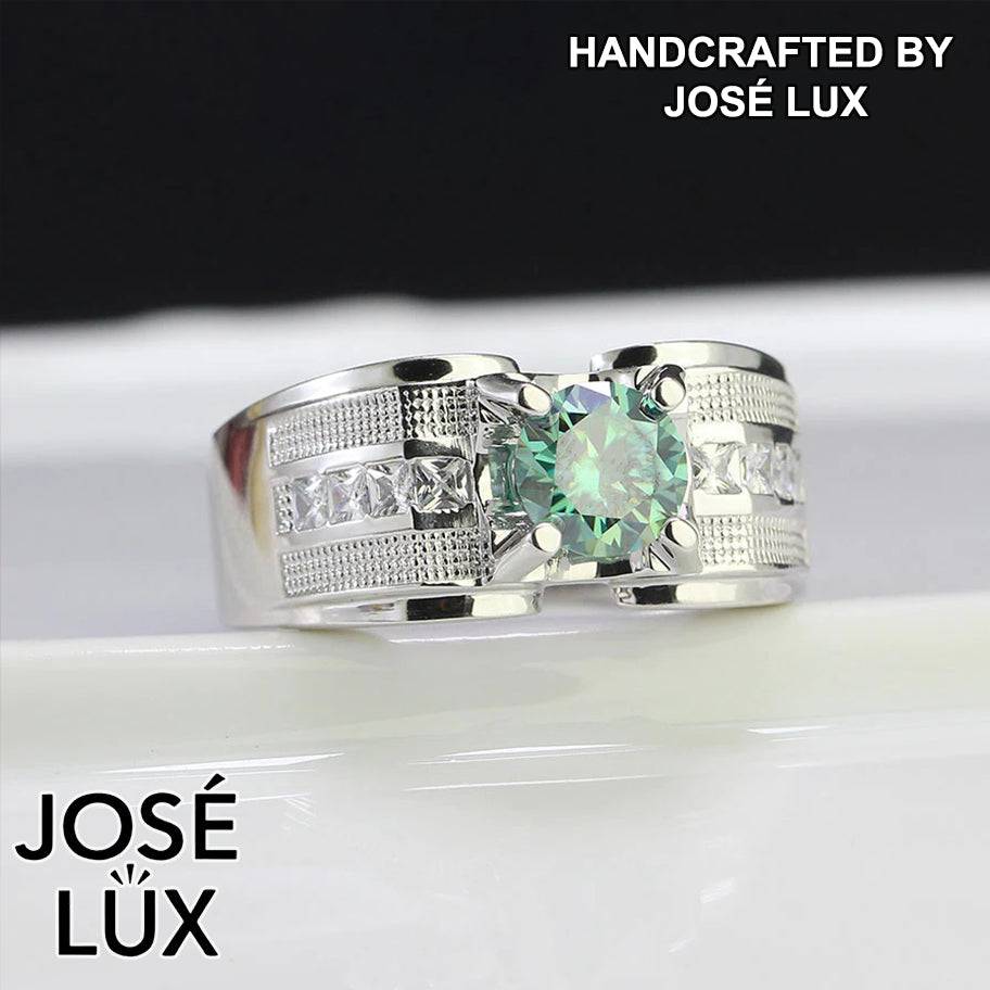 Handmade Men's Green Moissanite Solitaire Ring — 925 Sterling Silver, Rhodium Plated White Gold Finish, GRA Certified