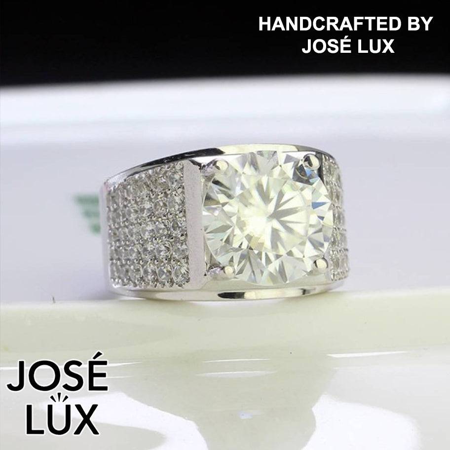 Handmade Men's Solitaire Pavé Ring — 925 Sterling Silver, Rhodium Plated White Gold Finish, 12mm Moissanite & CZ