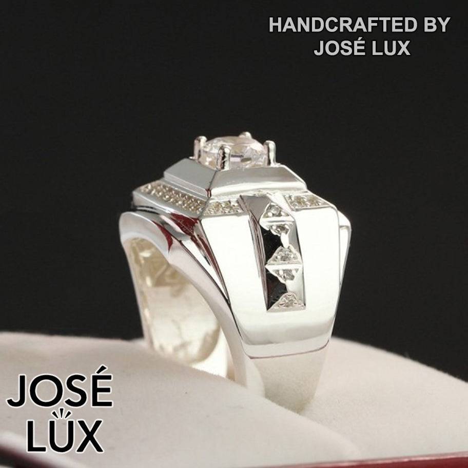 Handmade Men’s Art Deco CZ Signet Ring — 925 Sterling Silver, Rhodium Plated White Gold Finish, Swiss-Certified CZ