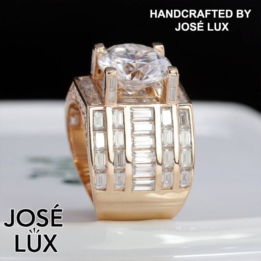 Handmade Men's Vertical Baguette Channel Set Ring — 925 Sterling Silver, Rose Gold Plated Finish, 12mm Moissanite & CZ