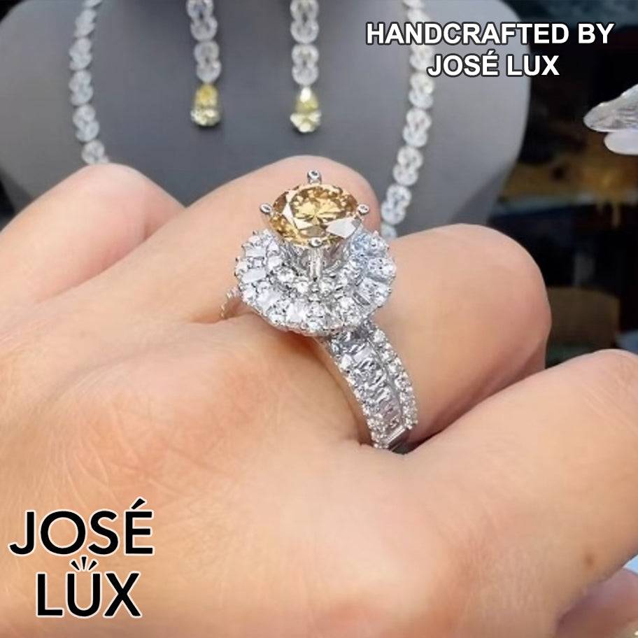 Handmade Champagne Moissanite Halo Ring — 925 Sterling Silver, Rhodium Plated White Gold Finish, GRA Moissanite