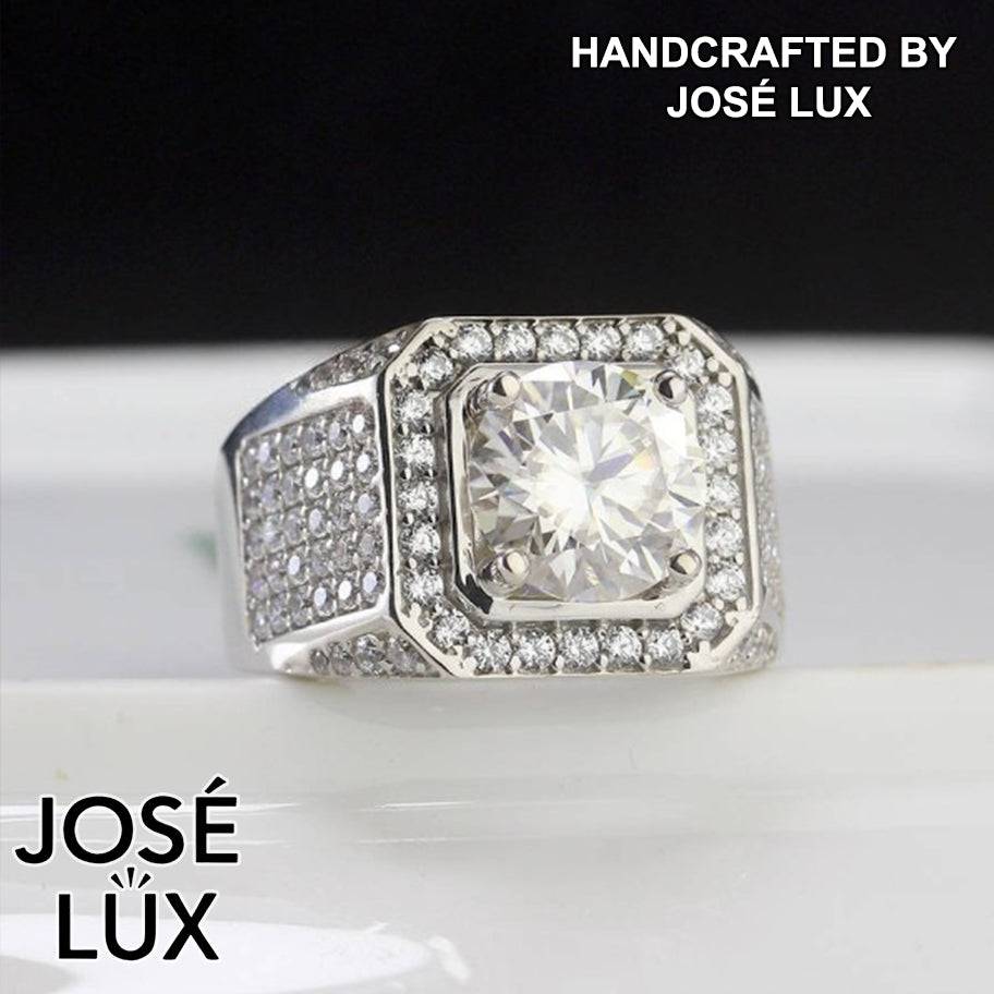 Handmade Men's Square Halo Ring — 925 Sterling Silver, Rhodium Plated White Gold Finish, 4ct Moissanite & CZ