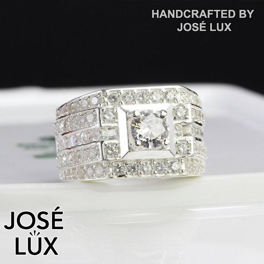 Handmade Men’s Cluster CZ Wide Band Ring — 925 Sterling Silver, Rhodium Plated White Gold Finish, Swiss-Certified CZ