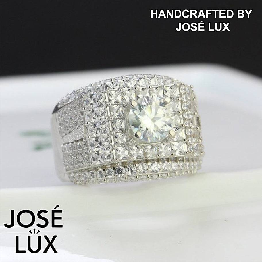 Handmade Men's Full Micropave Square Halo Ring — 925 Sterling Silver, Rhodium Plated White Gold Finish, 7.0mm Moissanite & CZ