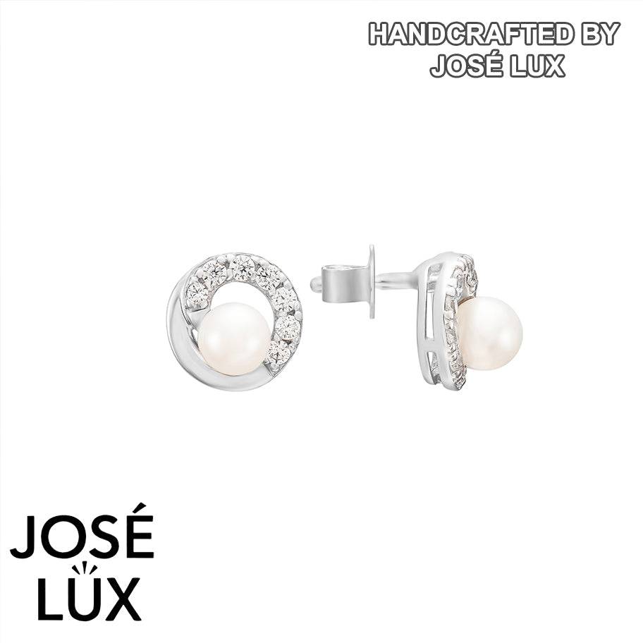 Handmade Pearl Crescent CZ Stud Earrings — 925 Sterling Silver, Freshwater Pearl, Rhodium Plated White Gold Finish, Swiss CZ
