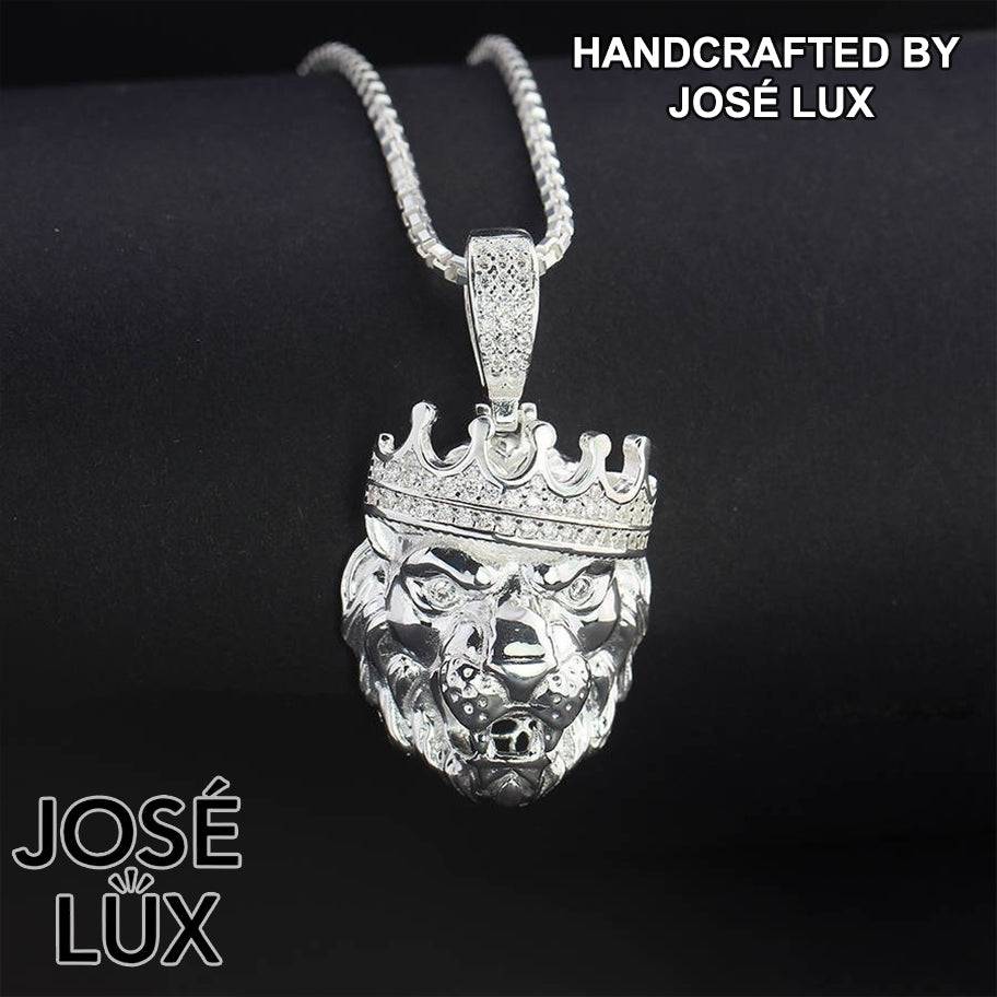 Handmade Lion King Crown Pendant Necklace for Men — 925 Sterling Silver, Rhodium Plated White Gold Finish, Swiss CZ