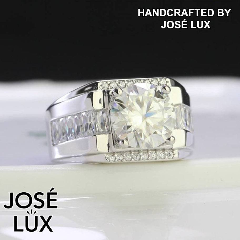 Handmade Men's Round Center Ring with Faceted Geometric Band — 925 Sterling Silver, Rhodium Plated White Gold Finish, Moissanite & CZ