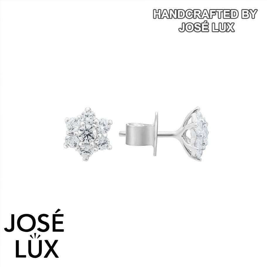 Handmade Snowflake CZ Stud Earrings — 925 Sterling Silver, Rhodium Plated White Gold Finish, Swiss CZ