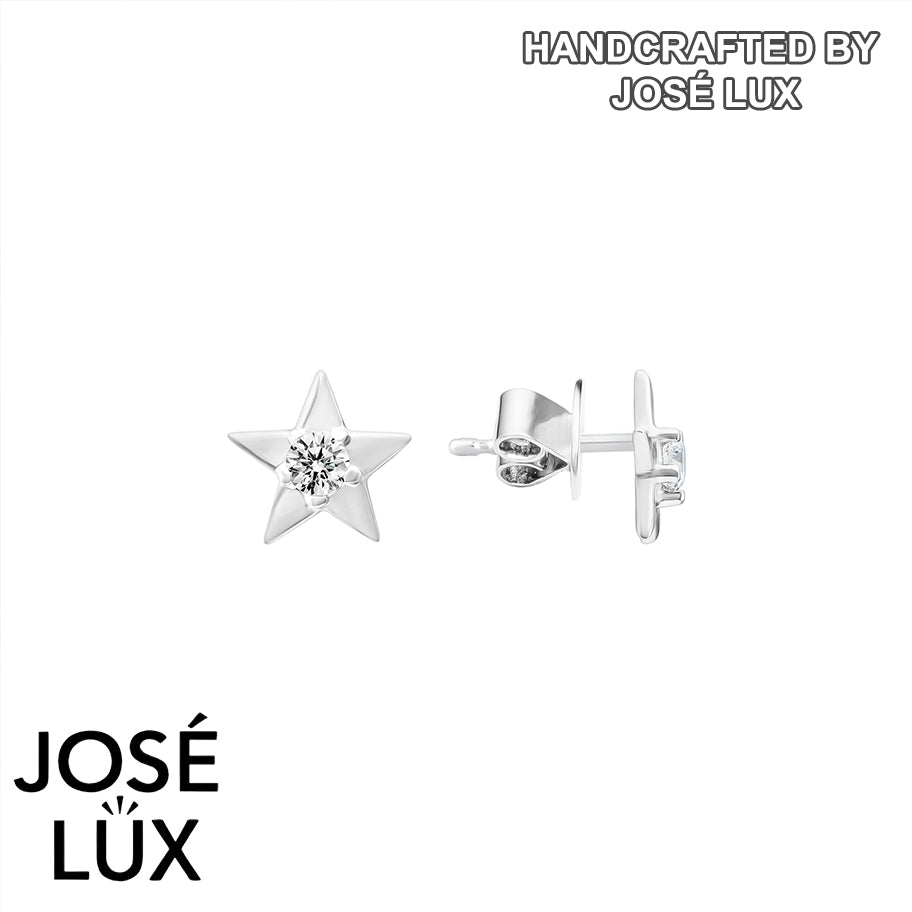 Handmade Star Stud Earrings — 925 Sterling Silver, Rhodium Plated White Gold Finish, Swiss CZ Center Stone