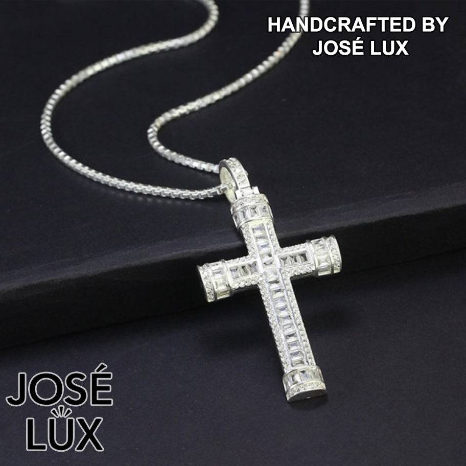 Handmade Iced Out Baguette Cross Pendant Necklace for Men — 925 Sterling Silver, Rhodium Plated White Gold Finish, Swiss CZ