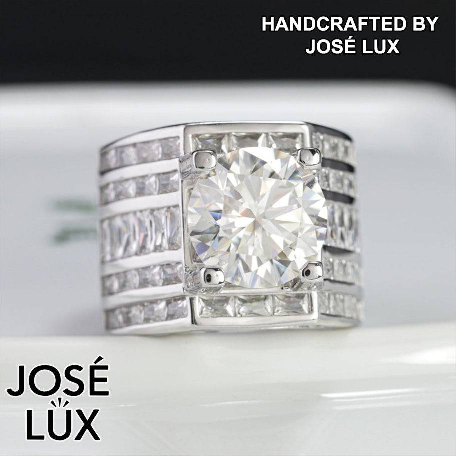 Handmade Men's Vertical Baguette Channel Set Ring — 925 Sterling Silver, Rhodium Plated White Gold Finish, 12mm Moissanite & CZ