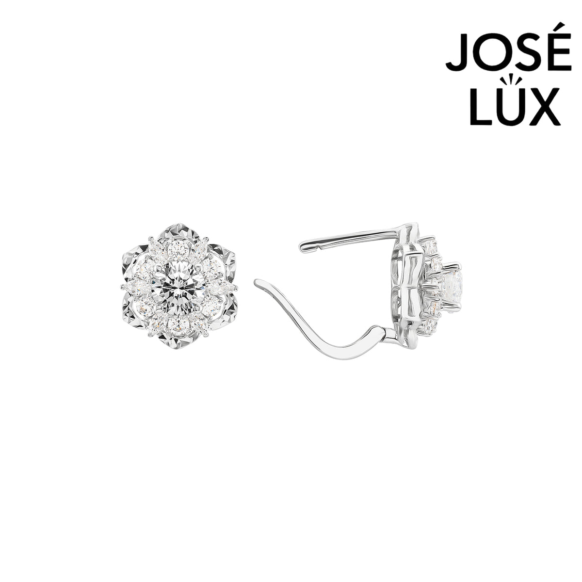 Handmade Moissanite Flower Leverback Earrings 10K White Gold — GRA Certified Center Stone