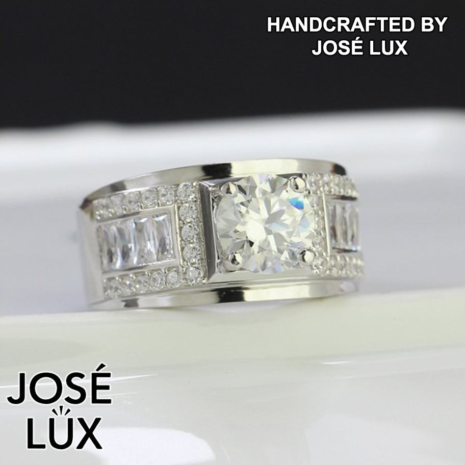 Handmade Men's Moissanite Baguette Shoulder Wide Band Ring — 925 Sterling Silver, Rhodium Plated White Gold Finish, GRA Moissanite