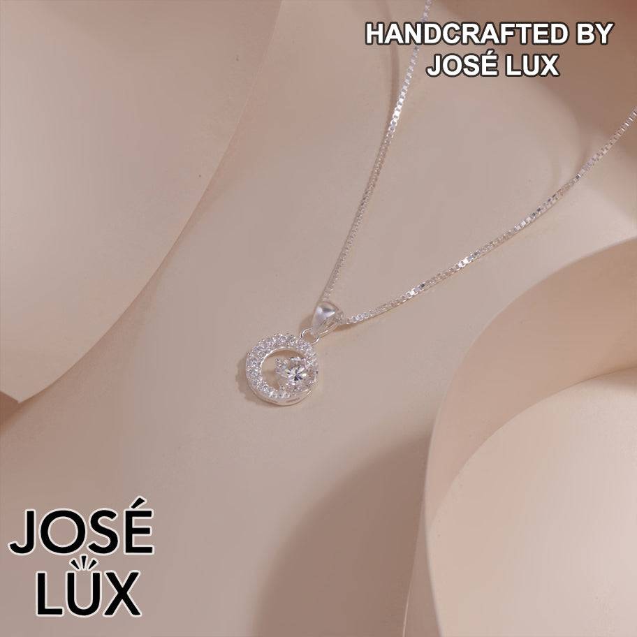 Handmade Crescent Moon Circle Pendant Necklace — 925 Sterling Silver, Rhodium Plated White Gold Finish, GRA Moissanite