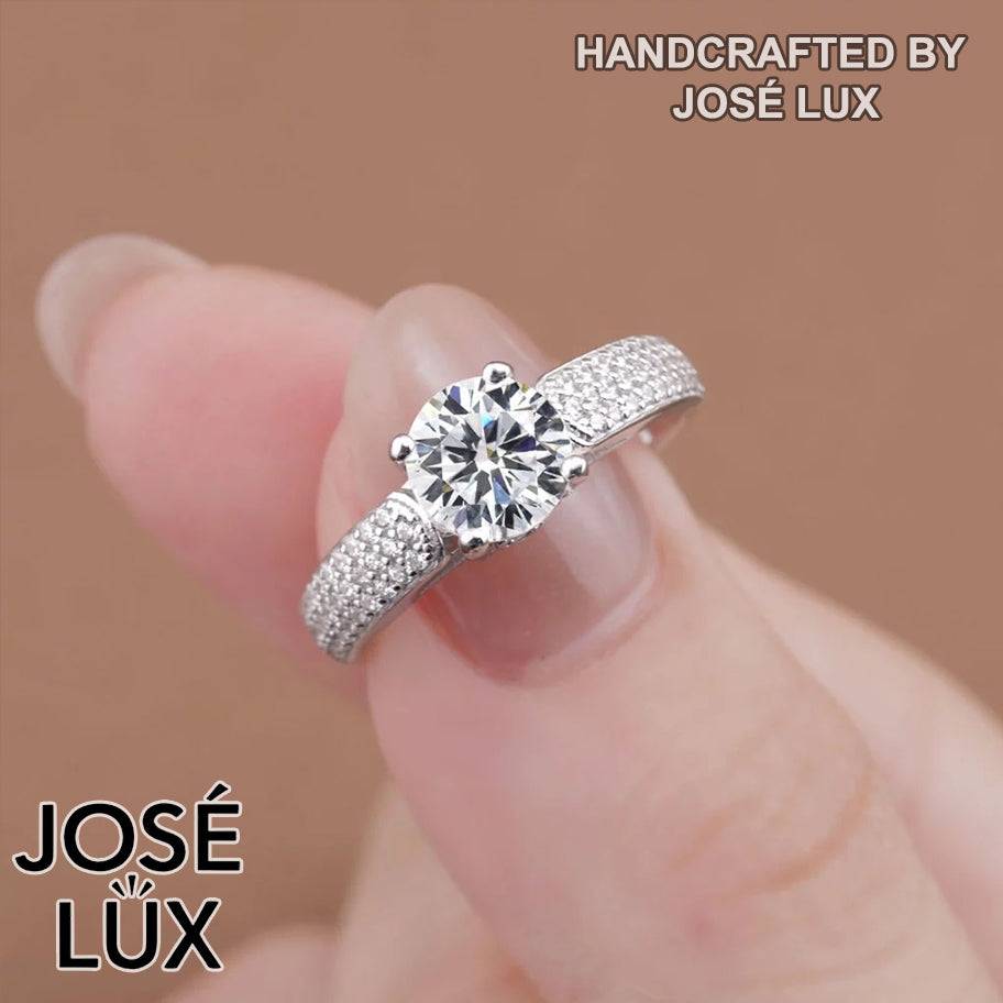 Handmade Triple Row Micropavé Ring — 925 Sterling Silver, Rhodium Plated White Gold Finish, GRA Moissanite 1.2ct