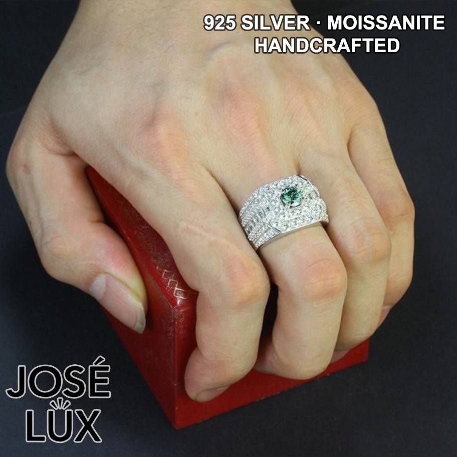 Handmade Men’s Iced Out Cluster Ring — 925 Sterling Silver, Rhodium Plated White Gold Finish, GRA Moissanite