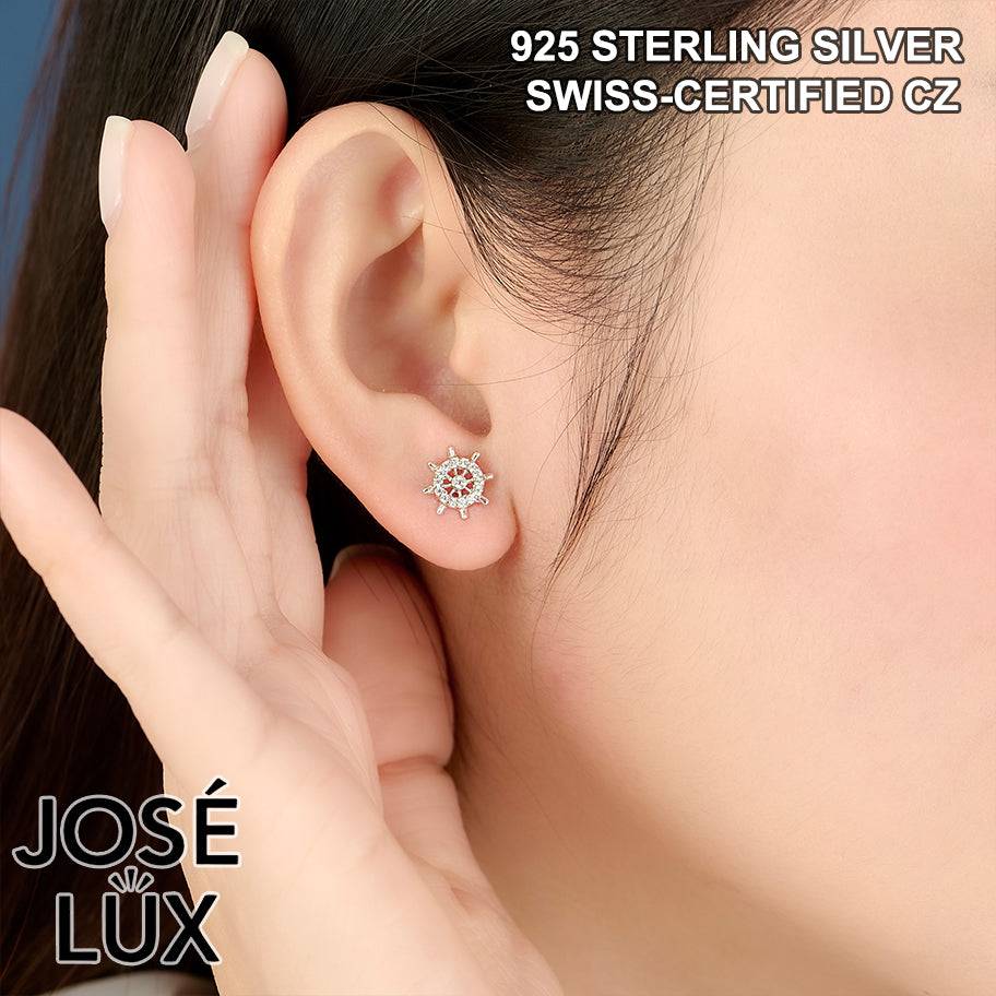 Handmade Ship Wheel Stud Earrings — 925 Sterling Silver, Rhodium Plated White Gold Finish, Swiss CZ