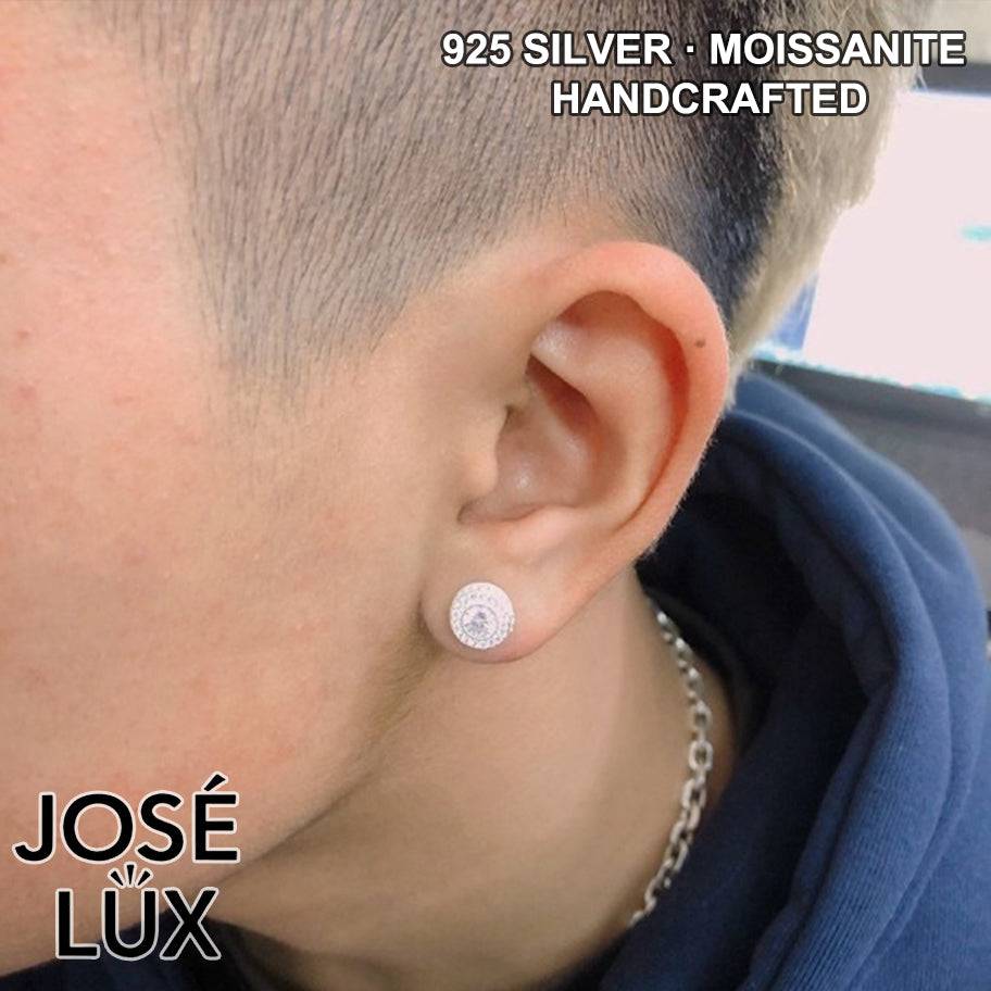 Handmade Men’s Halo Moissanite Stud Earring — 925 Sterling Silver, Rhodium Plated White Gold Finish, Full Moissanite Halo