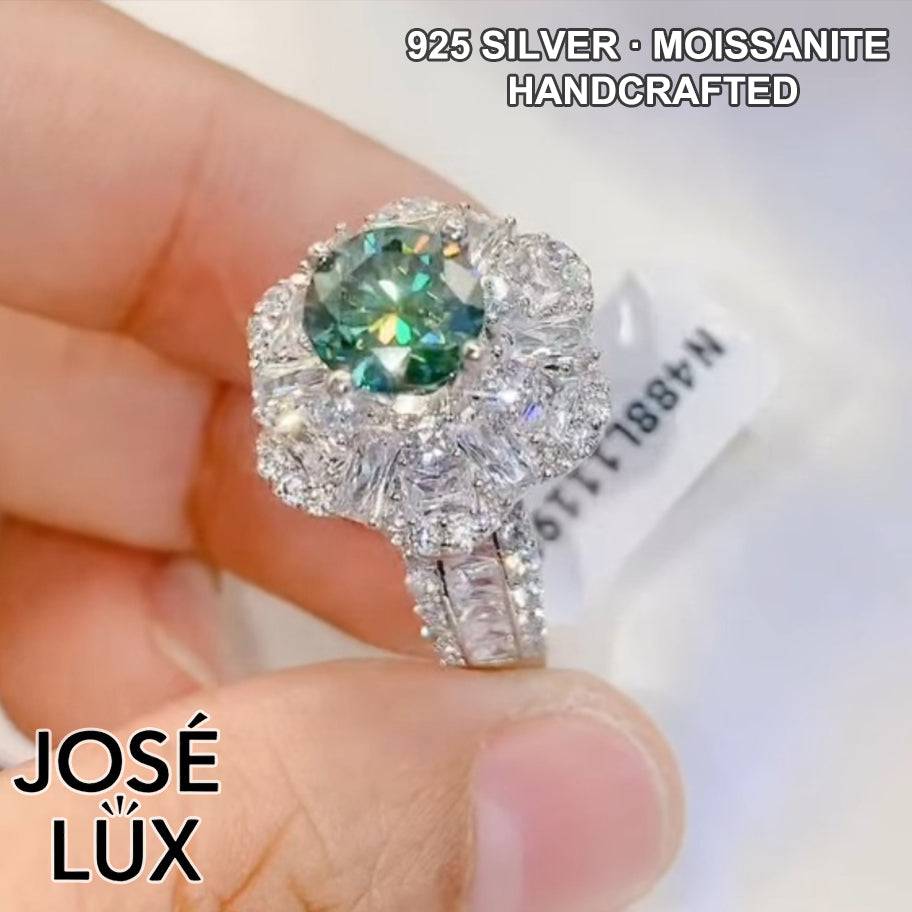 Handmade Green Moissanite Ballerina Ring — 925 Sterling Silver, Rhodium Plated White Gold Finish, GRA Moissanite