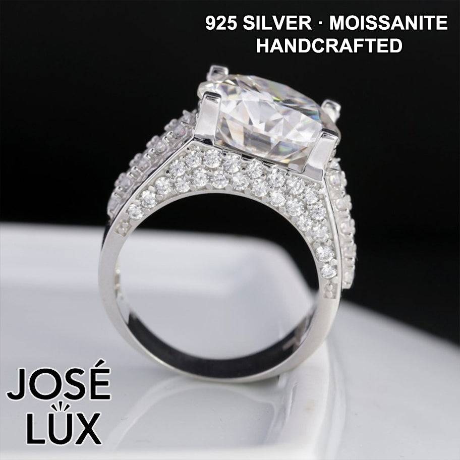 Handmade Men's Baguette Channel Set Ring — 925 Sterling Silver, Rhodium Plated White Gold Finish, 14mm Moissanite & CZ