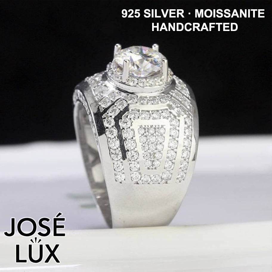 Handmade Men's Round Center Ring with Full Pavé Halo — 925 Sterling Silver, Rhodium Plated White Gold Finish, Blue-Green Moissanite & CZ