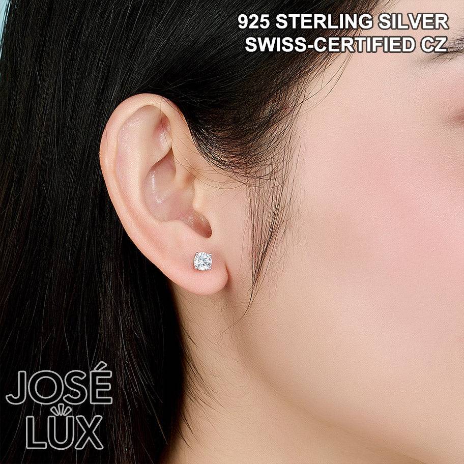 Handmade Large Solitaire CZ Stud Earrings — 925 Sterling Silver, Rhodium Plated White Gold Finish, Swiss CZ