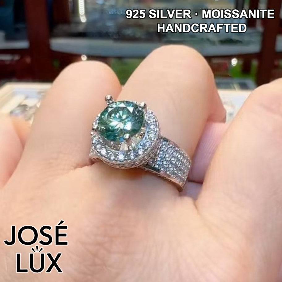 Handmade Green Moissanite Halo Ring — 925 Sterling Silver, Rhodium Plated White Gold Finish, GRA Moissanite