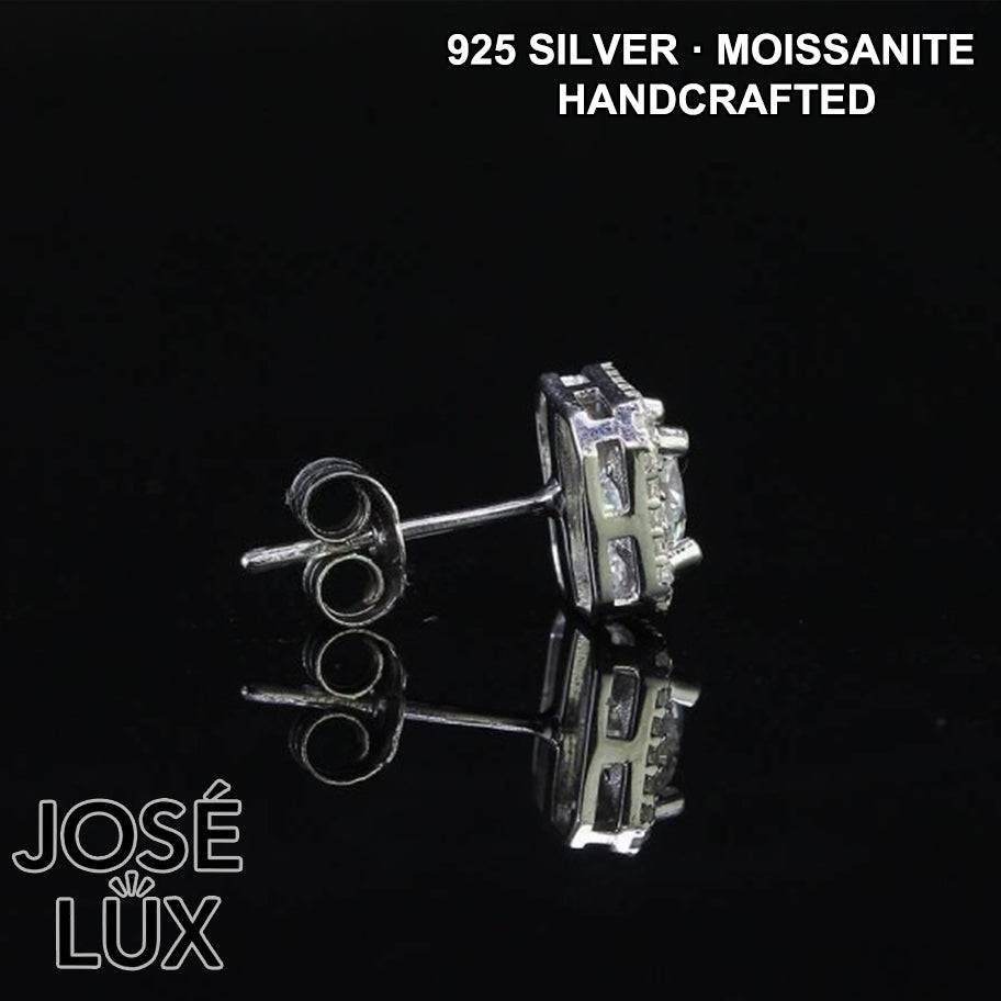 Handmade Men’s Square Halo Stud Earring — 925 Sterling Silver, Rhodium Plated White Gold Finish, GRA Moissanite 0.8ct