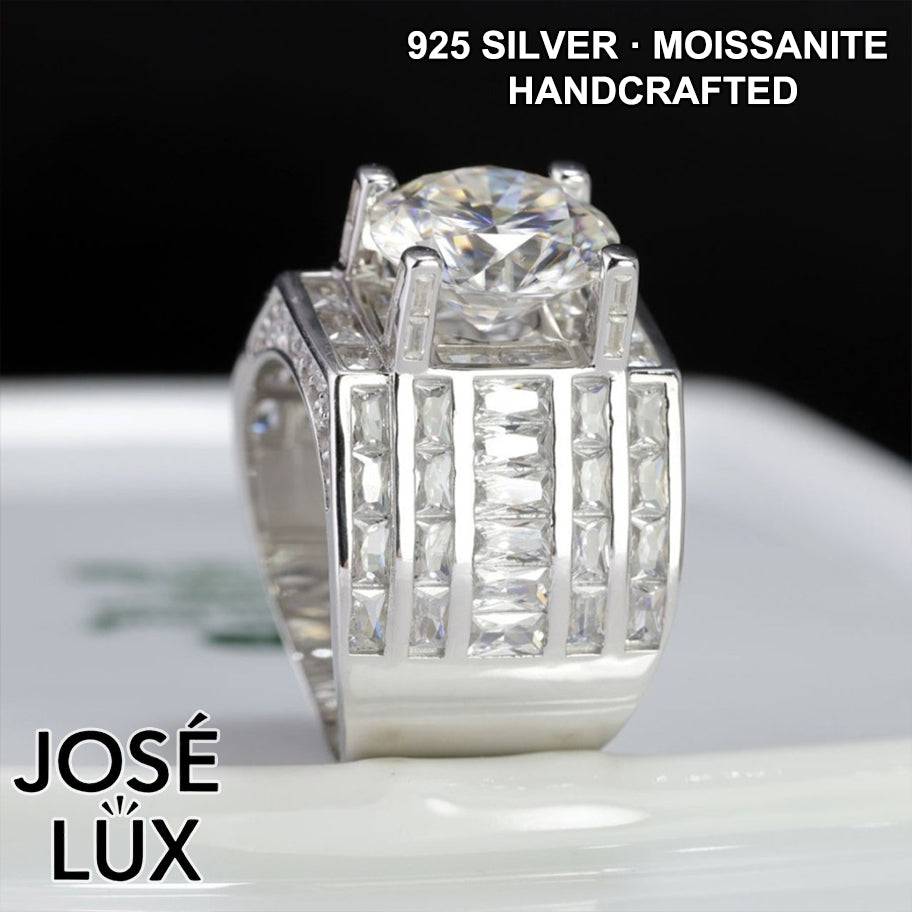 Handmade Men's Vertical Baguette Channel Set Ring — 925 Sterling Silver, Rhodium Plated White Gold Finish, 12mm Moissanite & CZ
