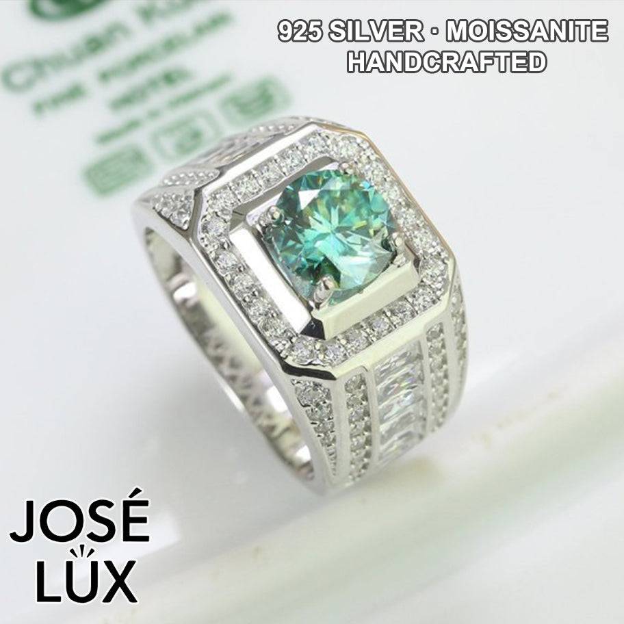 Handmade Men's Green Moissanite Square Halo Ring — 925 Sterling Silver, Rhodium Plated White Gold Finish, GRA Moissanite