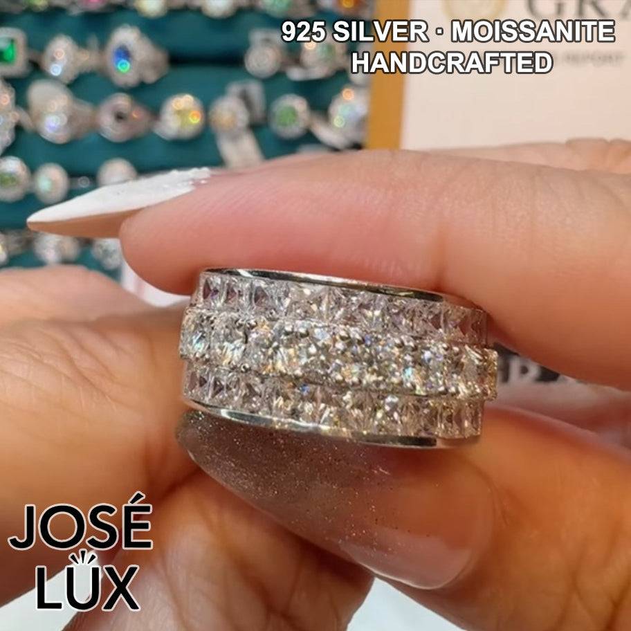 Handmade Wide Band Channel Set Ring — 925 Sterling Silver, Rhodium Plated White Gold Finish, GRA Moissanite