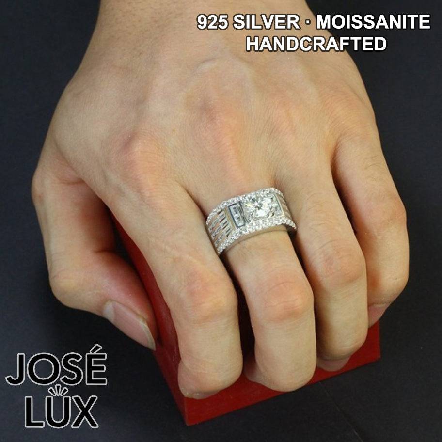 Handmade Men's Moissanite Art Deco Wide Band Ring — 925 Sterling Silver, Rhodium Plated White Gold Finish, GRA Moissanite