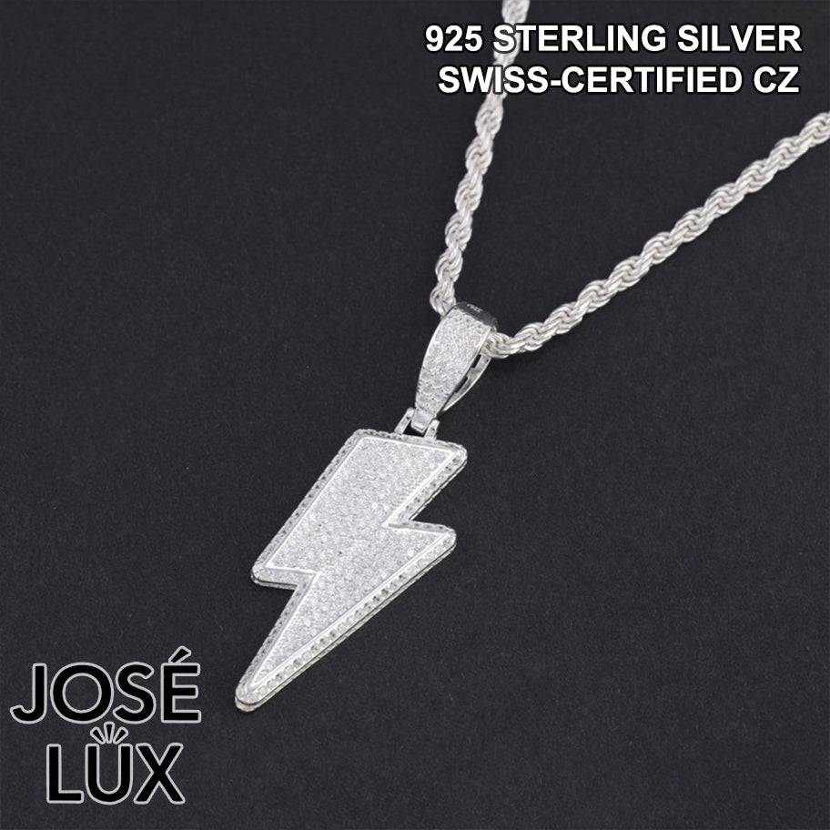 Handmade Iced Out Lightning Bolt Pendant Necklace for Men — 925 Sterling Silver, Rhodium Plated White Gold Finish, Swiss CZ