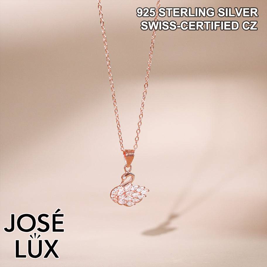 Handmade Crystal Swan Pendant Necklace Rose Gold — 925 Sterling Silver, Rose Gold Rhodium Plating, White CZ Marquise Feather Body