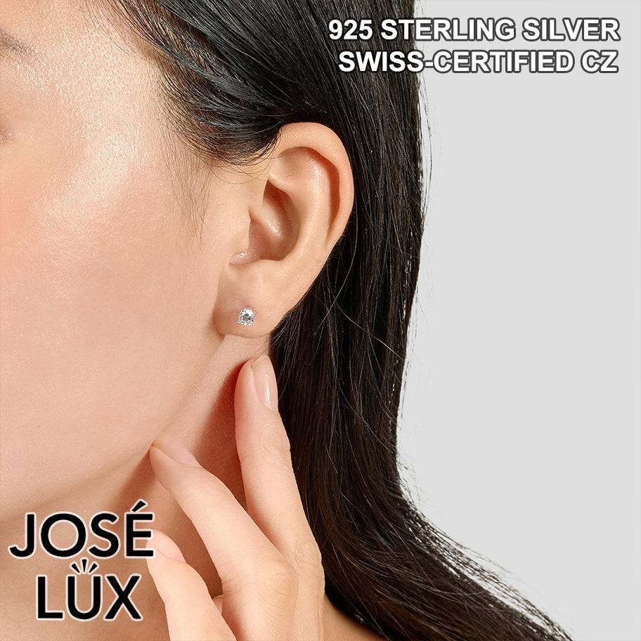 Handmade Solitaire Stud Earrings — 925 Sterling Silver, Rhodium Plated White Gold Finish, Swiss CZ