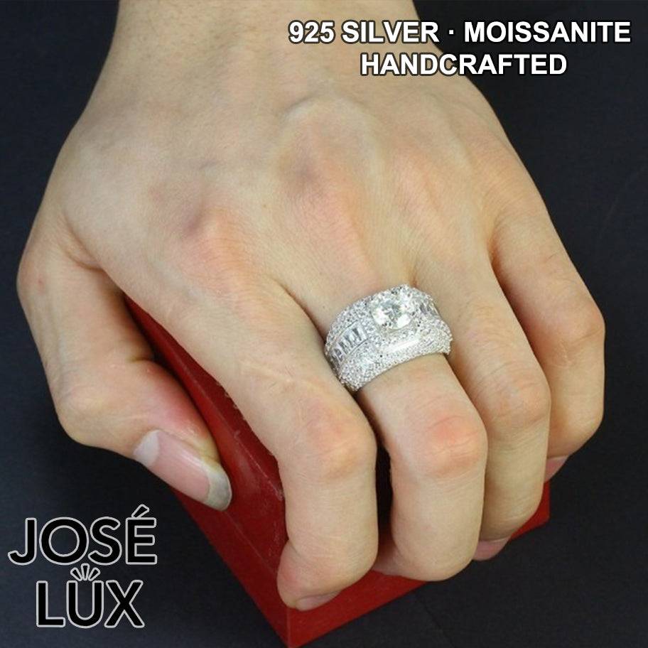 Handmade Men's Moissanite Domed Baguette Wide Band Ring — 925 Sterling Silver, Rhodium Plated White Gold Finish, GRA Moissanite
