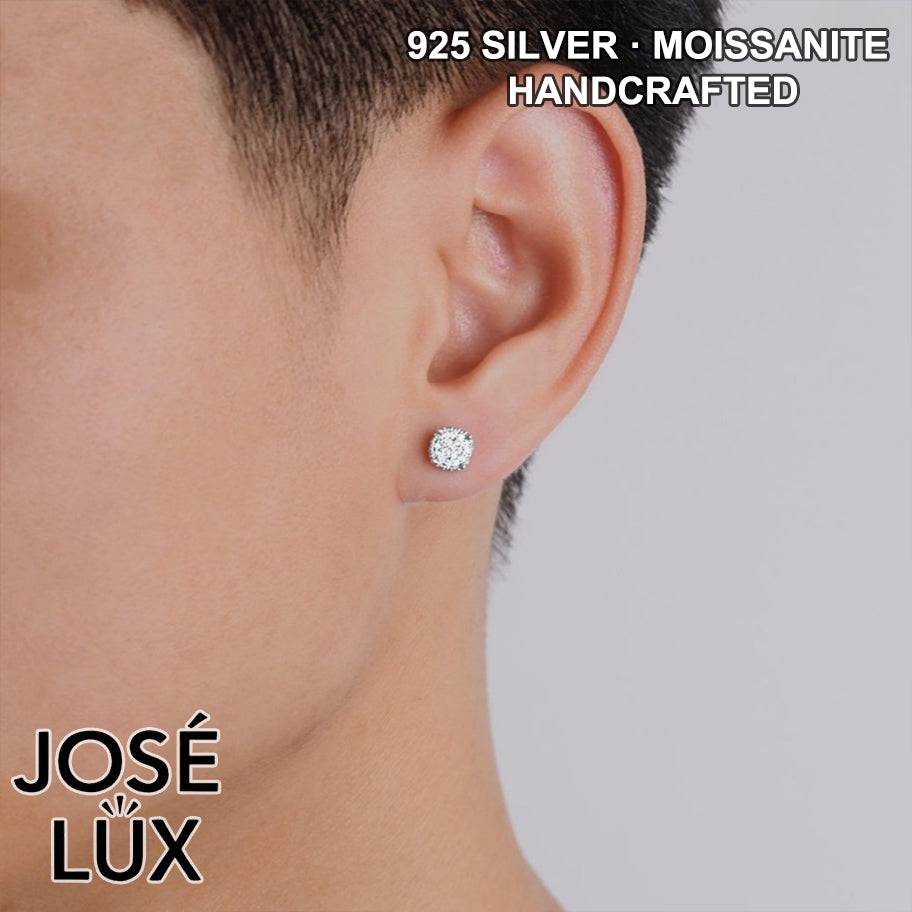 Handmade Men’s Round Cluster Stud Earring — 925 Sterling Silver, Rhodium Plated White Gold Finish, Full Moissanite