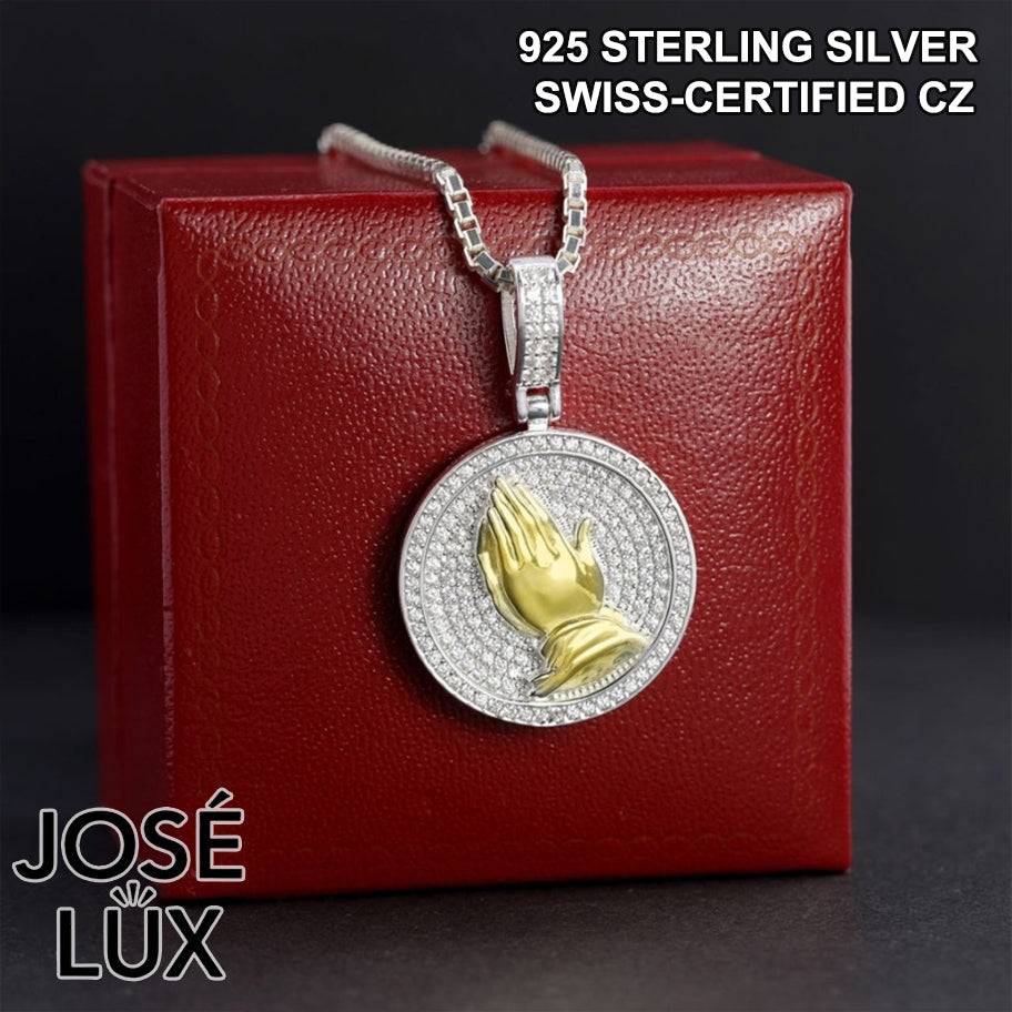 Handmade Iced Out Praying Hands Pendant Necklace for Men — 925 Sterling Silver, Two-Tone Gold & White Rhodium Finish, Swiss CZ