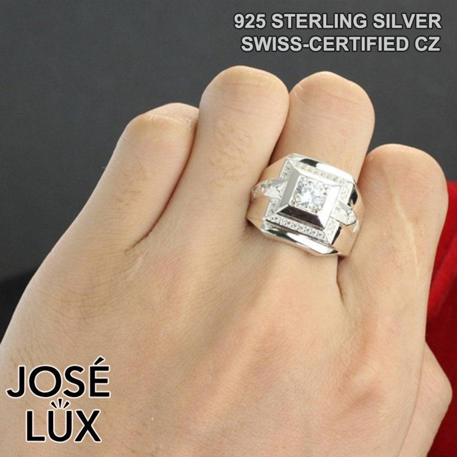 Handmade Men’s Art Deco CZ Signet Ring — 925 Sterling Silver, Rhodium Plated White Gold Finish, Swiss-Certified CZ