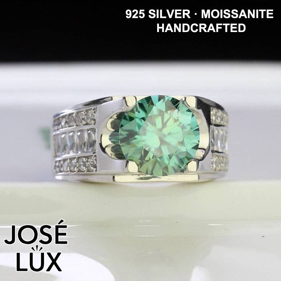 Handmade Men's Tension Setting Ring — 925 Sterling Silver, Rhodium Plated White Gold Finish, Green Moissanite & CZ