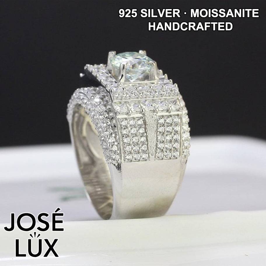 Handmade Men's Full Micropave Square Halo Ring — 925 Sterling Silver, Rhodium Plated White Gold Finish, 7.0mm Moissanite & CZ