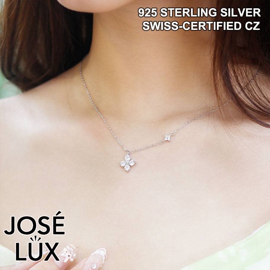 Handmade Twin Flower Four-Petal CZ Necklace — 925 Sterling Silver, Rhodium Plated White Gold Finish, Swiss CZ
