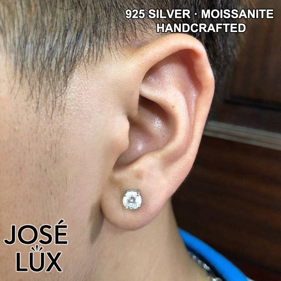 Handmade Men’s Moissanite Stud Earring — 925 Sterling Silver, Rhodium Plated White Gold Finish, GRA Moissanite 6mm 0.8ct
