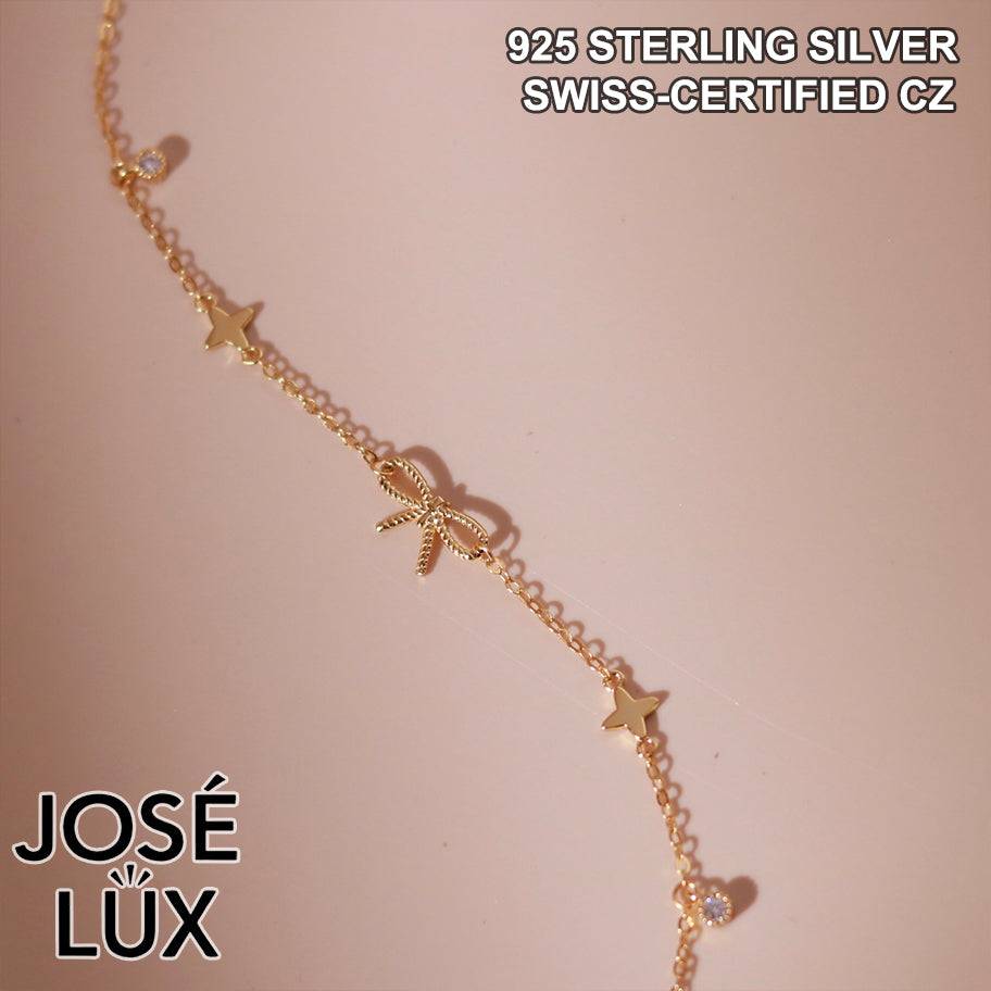 Handmade Celestial Bow Charm Bracelet — 925 Sterling Silver, 14K Gold-Plated Finish, CZ Accents