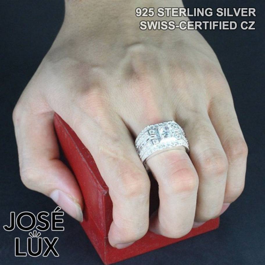 Handmade Men’s Cluster CZ Wide Band Ring — 925 Sterling Silver, Rhodium Plated White Gold Finish, Swiss-Certified CZ