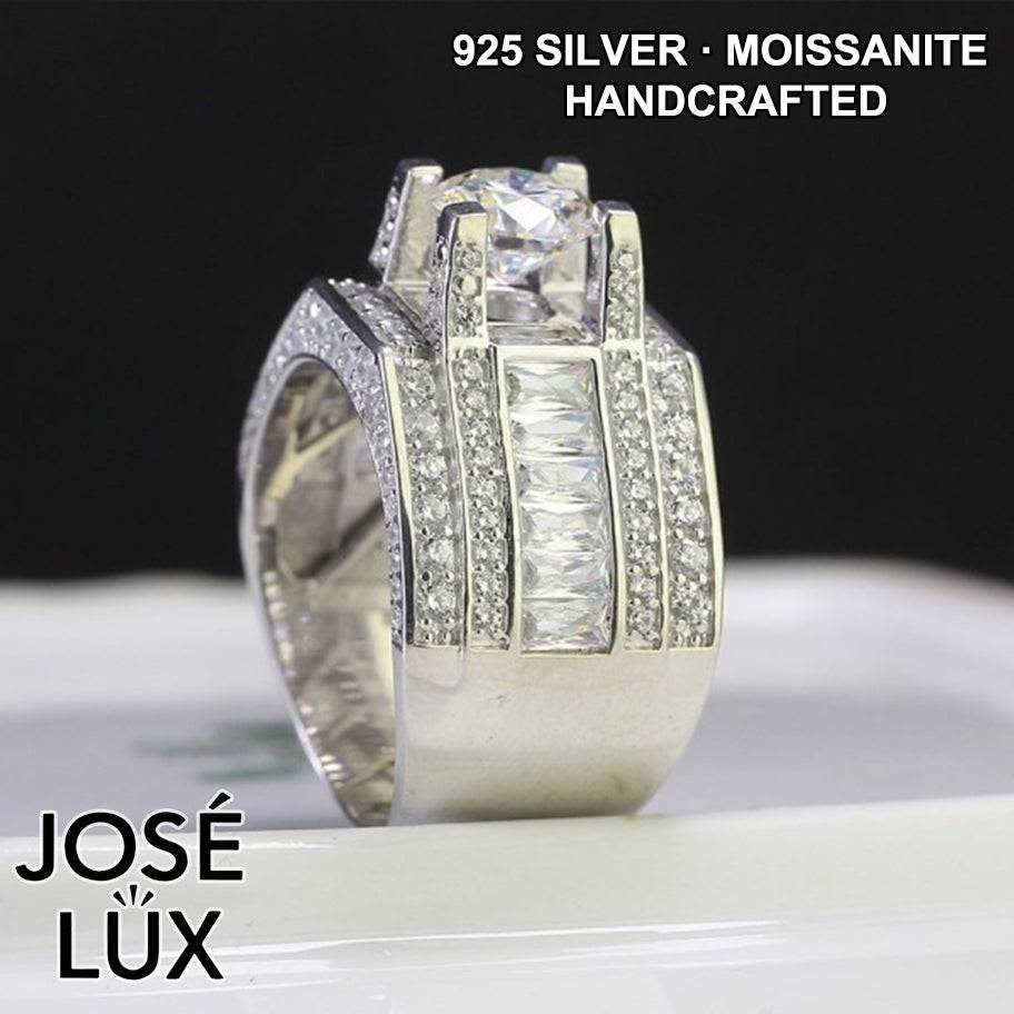 Handmade Men's Round Center Ring with Baguette Side Stones — 925 Sterling Silver, Rhodium Plated White Gold Finish, Blue-Green Moissanite & CZ