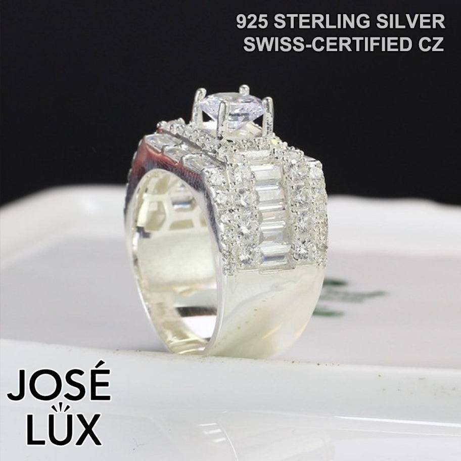 Handmade Men’s Wide-Band Baguette CZ Ring — 925 Sterling Silver, Rhodium Plated White Gold Finish, Swiss-Certified CZ