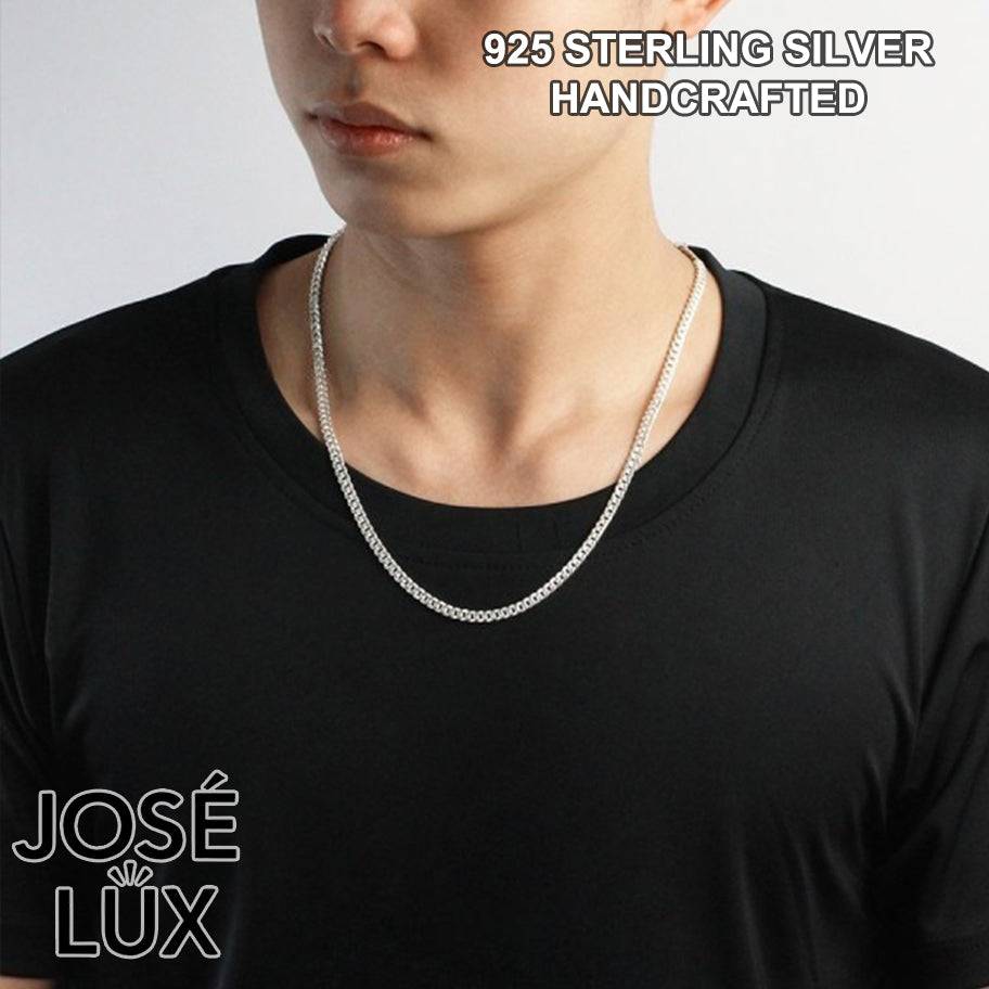 Handmade 925 Sterling Silver Curb Chain Necklace for Men — Rhodium Plated White Gold Finish, 4mm, Handcrafted S-Hook Clasp